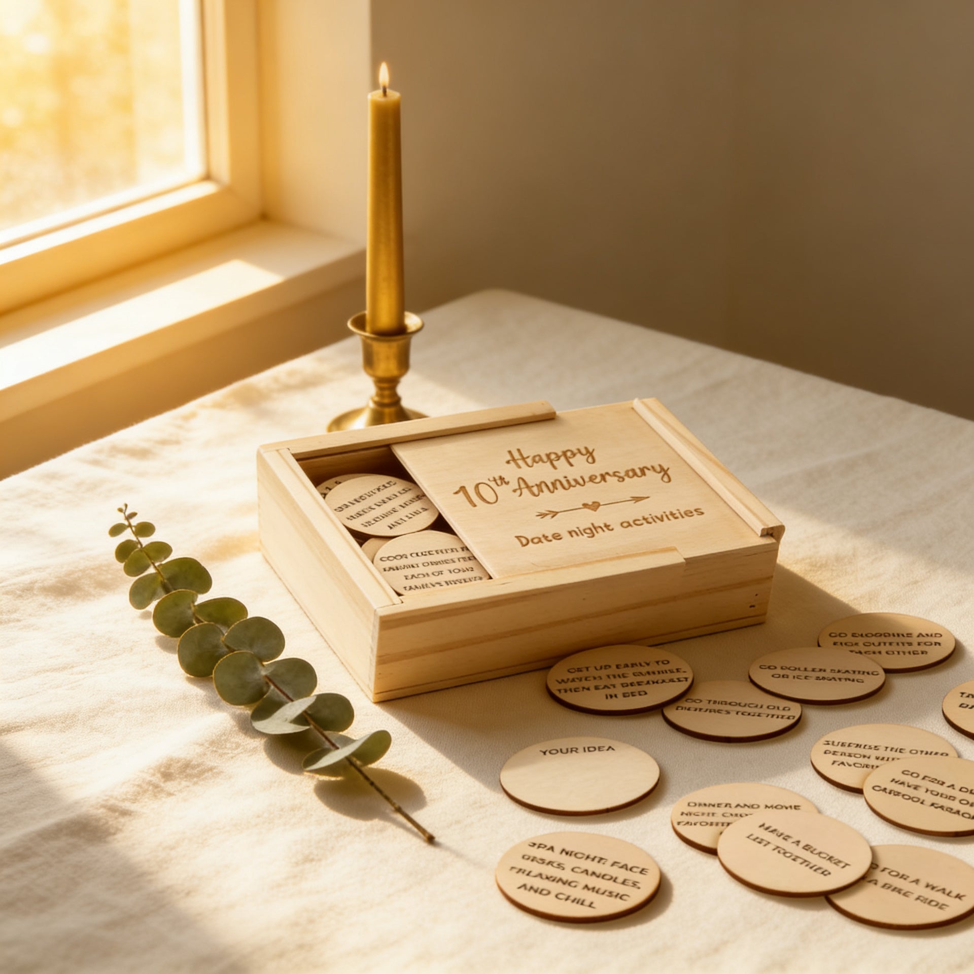 Wooden milestone-year anniversary keepsake box with date-night cards