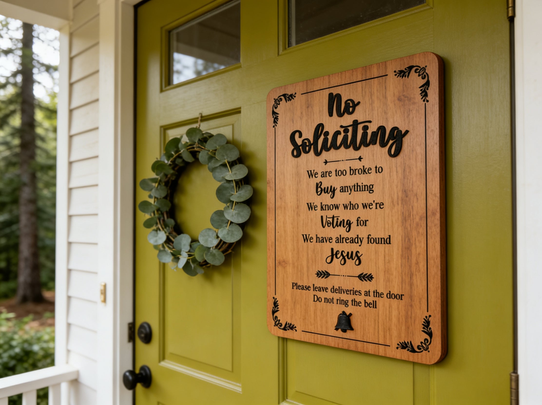 Wooden no-soliciting and remove-shoes front door signs