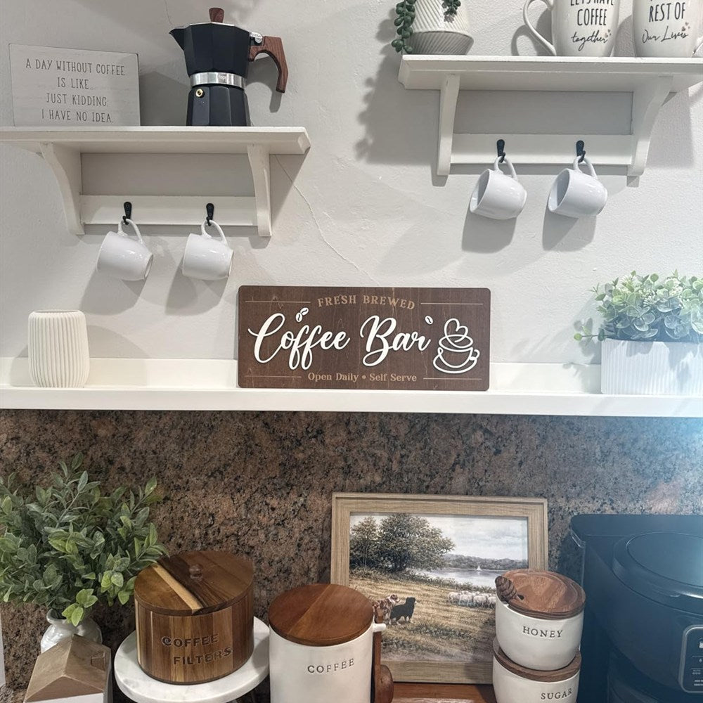 Fresh Brewed Coffee Bar wood sign styled on a kitchen shelf
