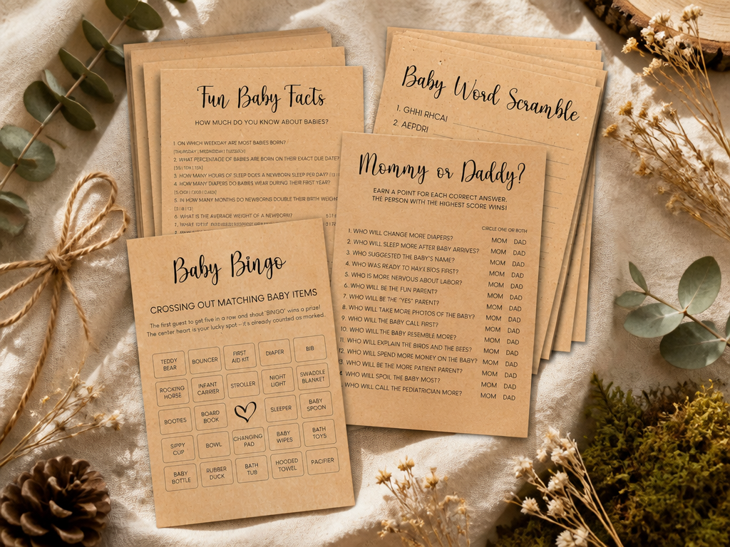 Wooden baby shower bingo and prediction game cards