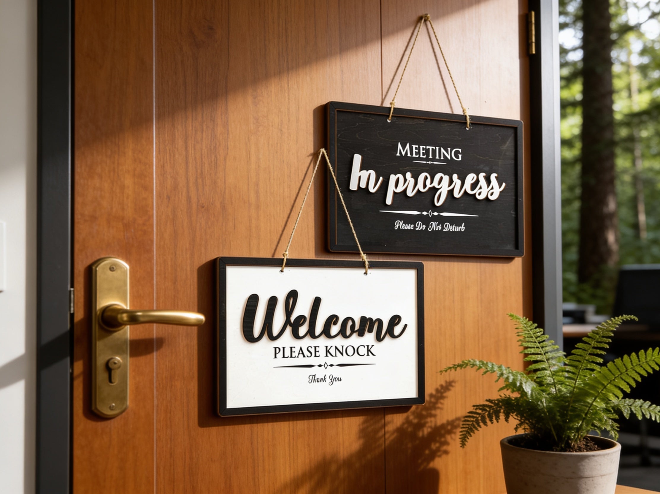 Wooden in-session and meeting-in-progress office door signs